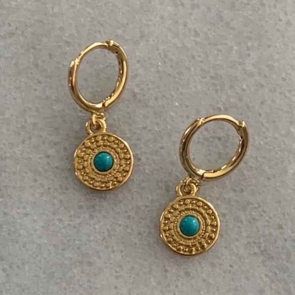 Modest Lu Jewelry - COPY - Gold Turquoise Medallion Coin Dangle Huggie Hoop Earrings 

Brand New